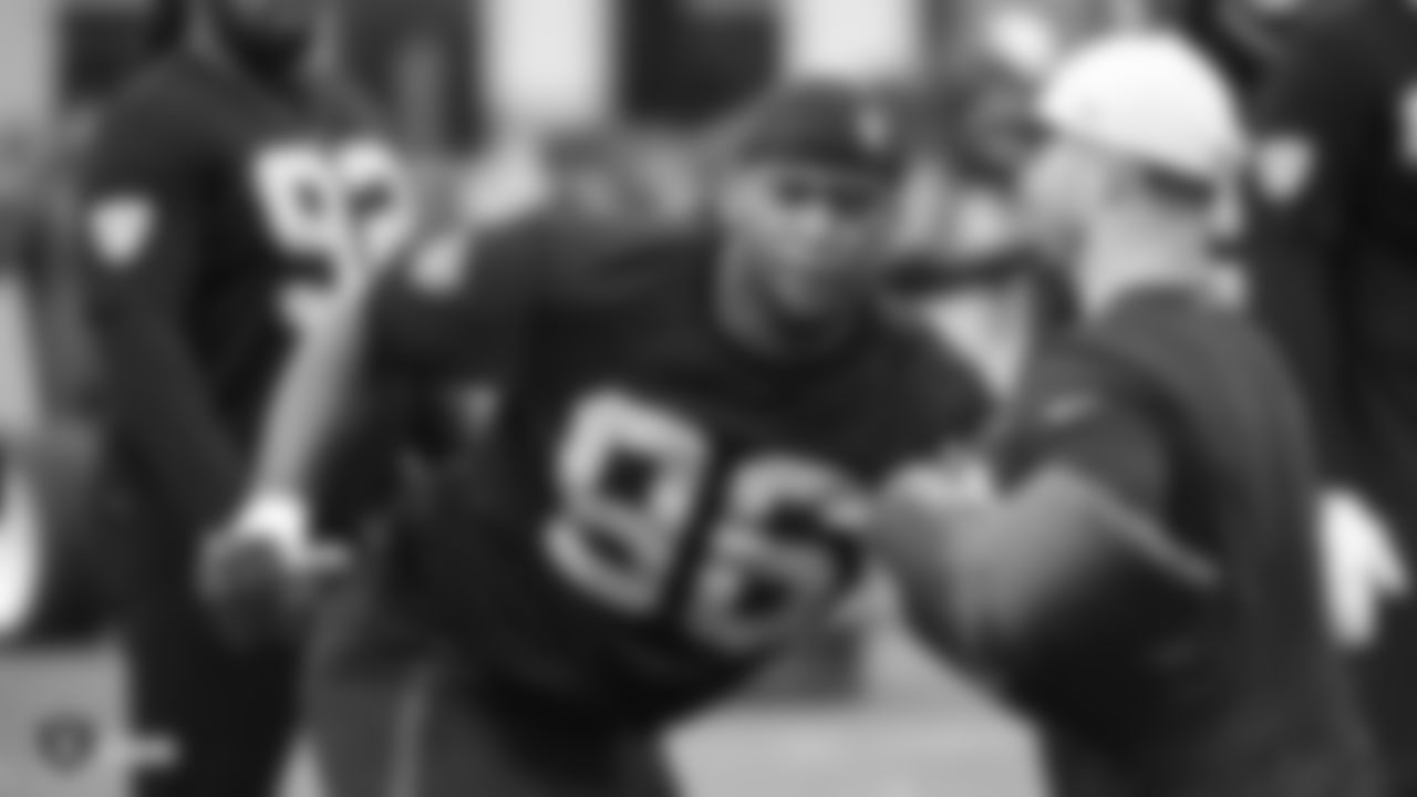 Raiders defensive end Clelin Ferrell (96) at a workout during phase two of the offseason program at the Raiders Practice Facility in Alameda, Calif.
