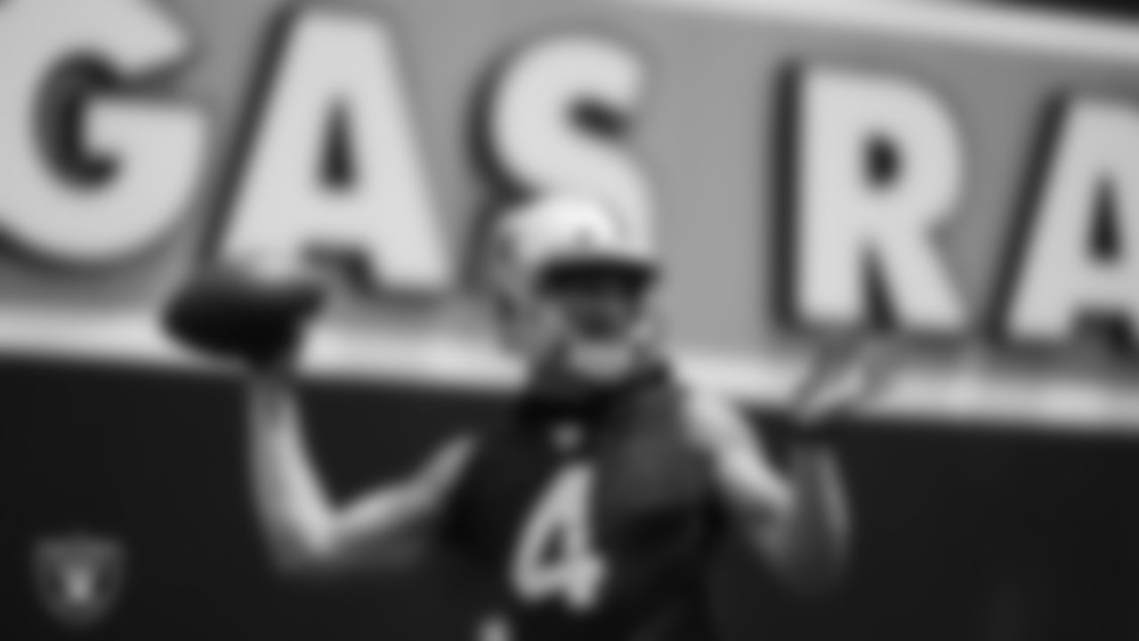 Las Vegas Raiders quarterback Derek Carr (4) at an Organized Team Activity (OTA).