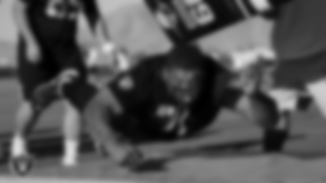 Las Vegas Raiders tackle Denzelle Good (71) on the field for a walk through at 2020 Training Camp.
