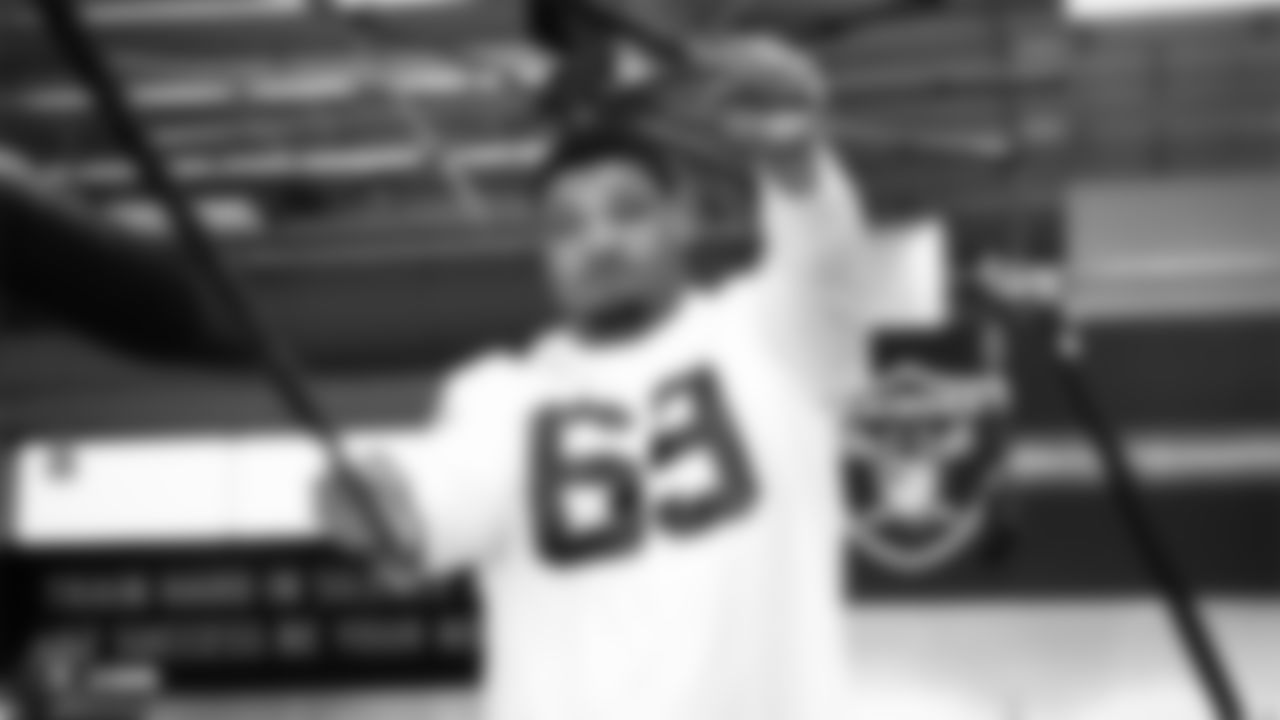 Raiders tackle Denzelle Good at a workout during phase one of the offseason program at the Raiders Practice Facility in Alameda, Calif.