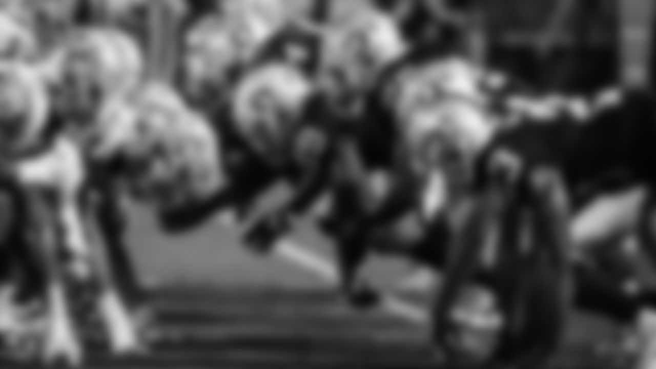 The Oakland Raiders defensive line at the line of scrimmage during The Oakland Raiders game against the Detroit Lions at Oakland-Alameda County Coliseum, Friday, August 10, 2018, in Oakland, California. The Oakland Raiders won 16-10.