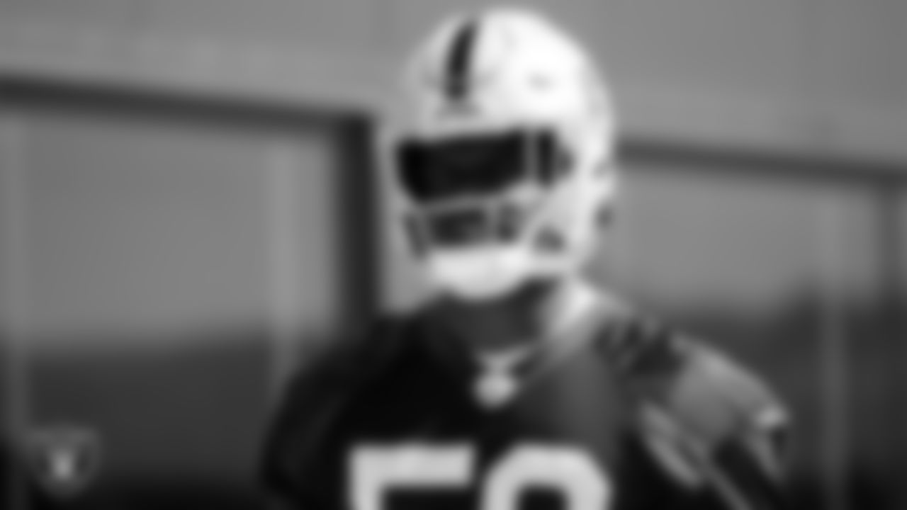 Las Vegas Raiders linebacker Darien Butler (58) during practice at Intermountain Healthcare Performance Center.