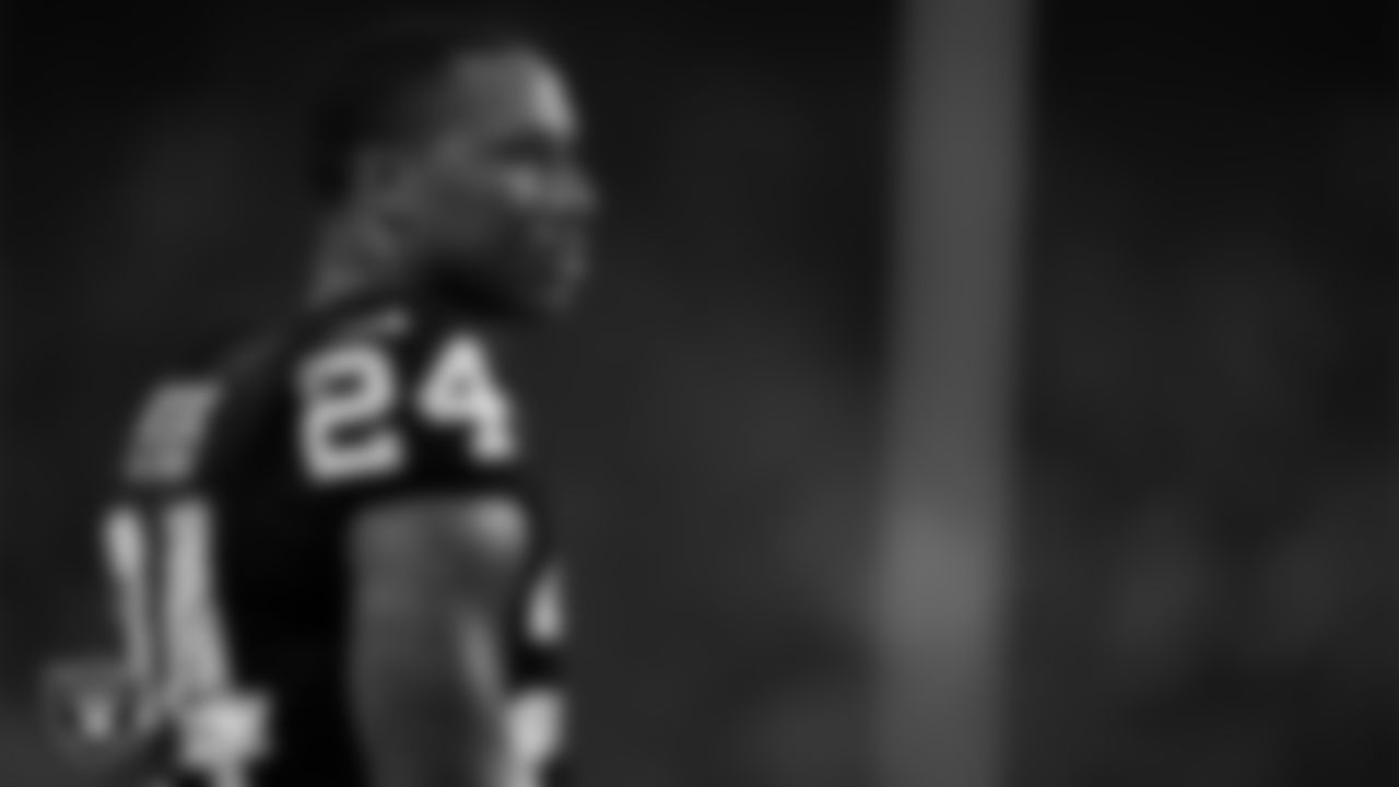 Las Vegas Raiders cornerback Marcus Peters (24) on the sidelines during the regular season home game against the Green Bay Packers at Allegiant Stadium.