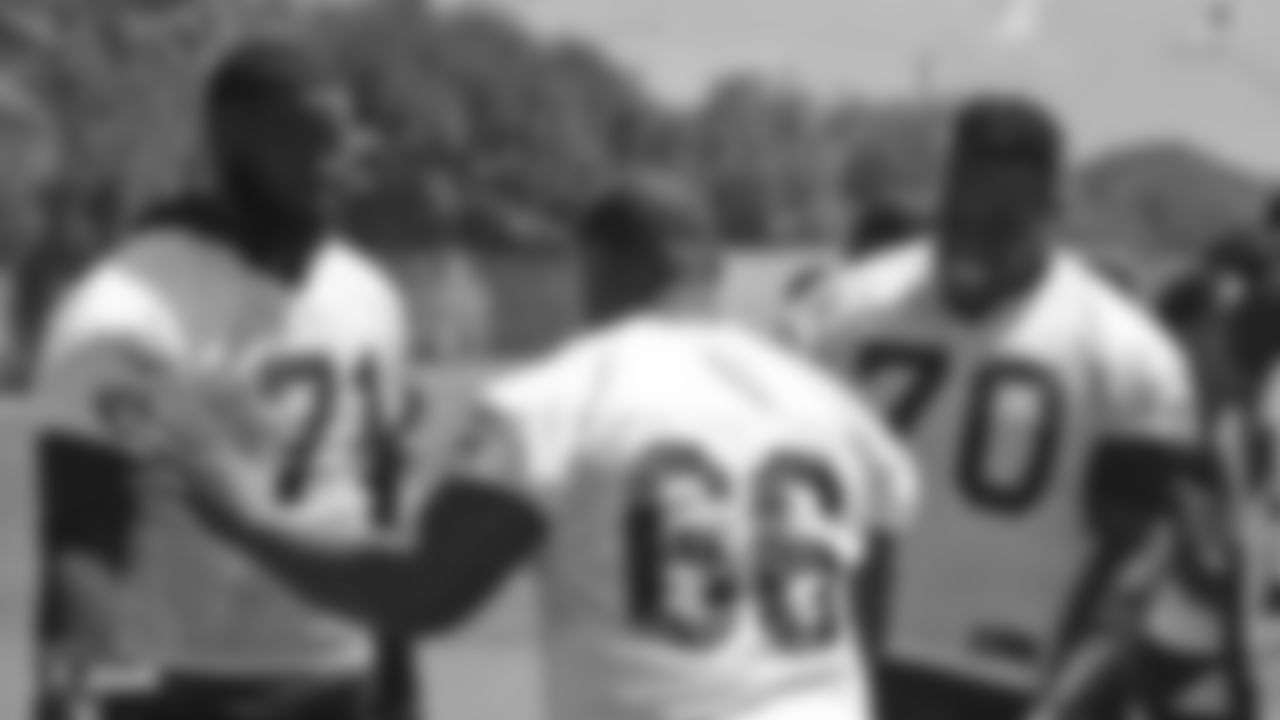 Oakland Raiders offensive tackle David Sharpe (71), offensive guard Gabe Jackson (66), and offensive guard Kelechi Osemele (70) at a Mandatory Minicamp at the Oakland Raiders Practice Facility, Thursday, June 14, 2018, in Alameda, California.