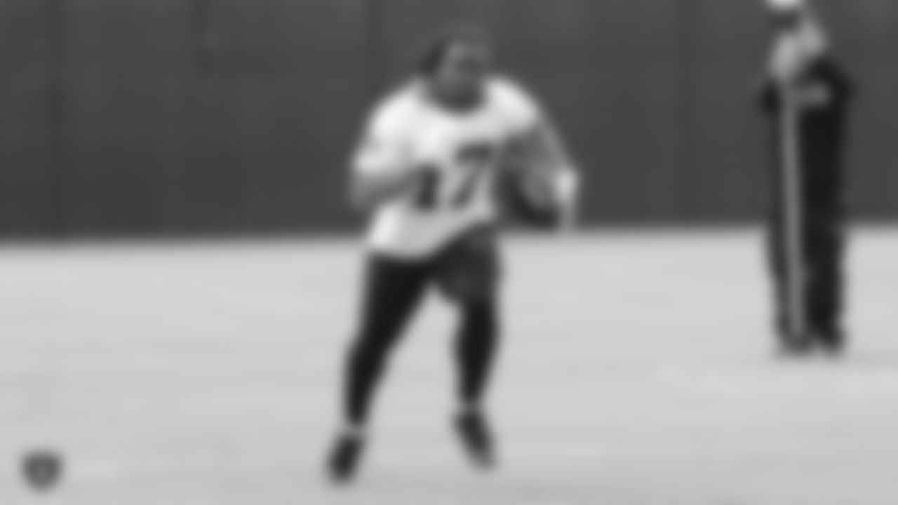Raiders wide receiver/return specialist Dwayne Harris (17) at a workout during phase two of the offseason program at the Raiders Practice Facility in Alameda, Calif.
