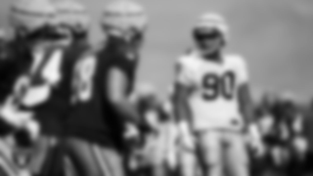 Las Vegas Raiders defensive lineman Jerry Tillery (90) on the field for a joint practice with the San Francisco 49ers at 2023 Training Camp at Intermountain Health Performance Center.