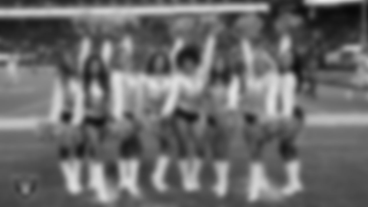 Raiderettes Bree, Kylee, Taylor, Lexie, Vicky, Katsura, Jennifer and Kylie on the sidelines during the regular season home game against the Los Angeles Chargers at Allegiant Stadium.