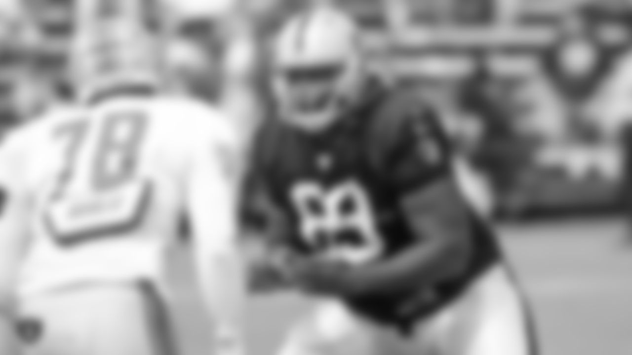 Oakland Raiders offensive tackle Jylan Ware (69) on the field for a joint practice with the Detroit Lions at 2018 Training Camp at The Oakland Raiders Napa Valley Training Complex, Tuesday, August 7, 2018, in Napa, California.