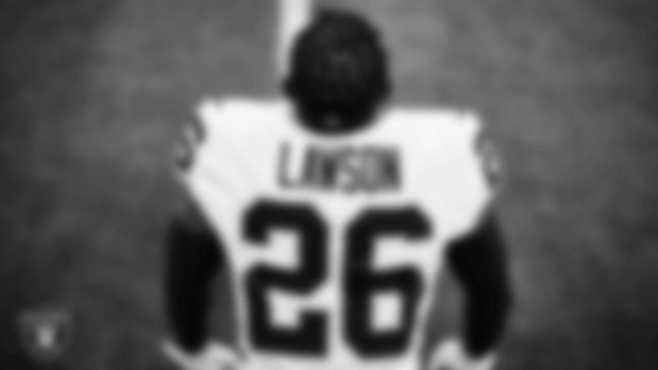 Las Vegas Raiders cornerback Nevin Lawson (26) warming up before the preseason away game against the Los Angeles Rams at SoFi Stadium.