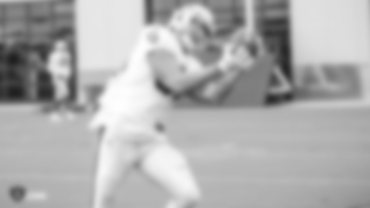 Oakland Raiders tight end Derek Carrier (85) on the field for a preseason practice at The Oakland Raiders Practice Facility, Tuesday, August 28, 2018, in Alameda, California.