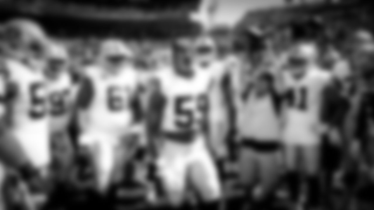 Raiders linebacker Tahir Whitehead (59) huddles up the team before the Oakland Raiders regular season game against the Broncos in Week 2 at Broncos Stadium at Mile High, Sunday, September 16, 2018, in Denver, Colorado.