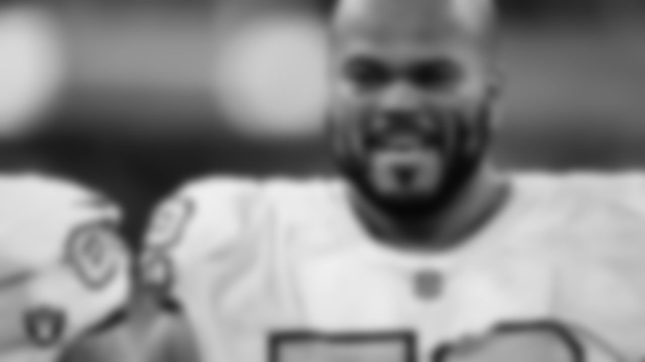 Las Vegas Raiders offensive lineman Jermaine Eluemunor (72) on the sidelines during the Las Vegas Raiders regular season away game against the Los Angeles Rams at SoFi Stadium.