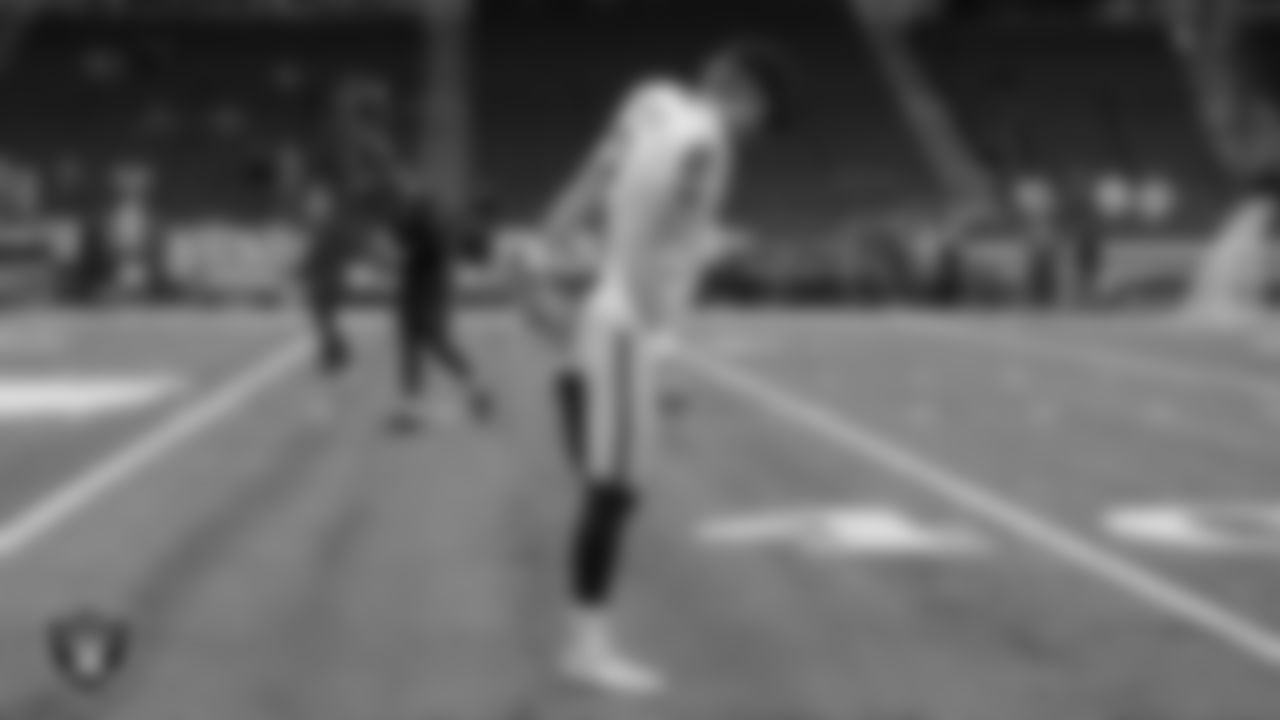 Las Vegas Raiders kicker Daniel Carlson (2) warming up before the regular season away game against the Indianapolis Colts.