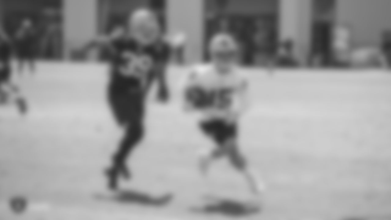 Oakland Raiders defensive back Shaquille Richardson (39) and wide receiver Ryan Switzer (15) at a Mandatory Mini Camp at the Oakland Raiders Practice Facility, Tuesday, June 12, 2018, in Alameda, California.