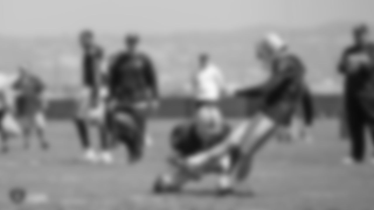Oakland Raiders punter Johnny Townsend (5) and kicker Mike Nugent (6) on the field for practice at the Oakland Raiders Practice Facility, Wednesday, September 5, 2018, in Alameda, California.
