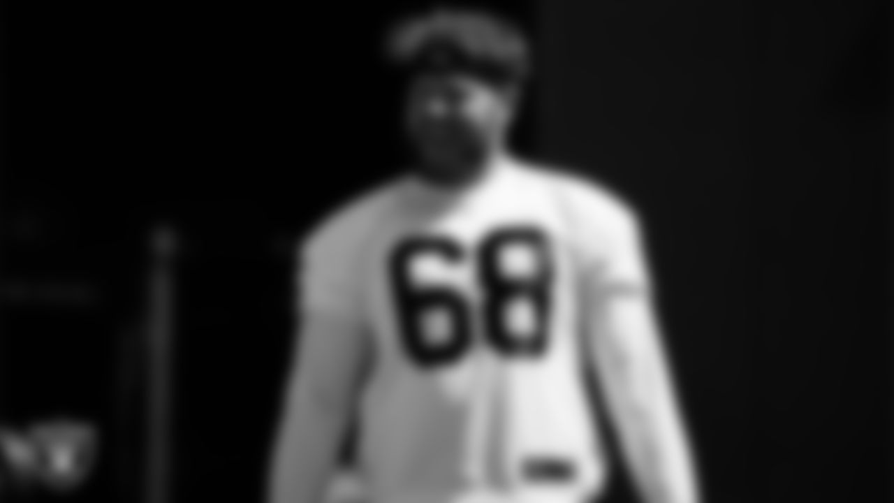 Las Vegas Raiders offensive lineman Andre James (68) at an Organized Team Activity (OTA).