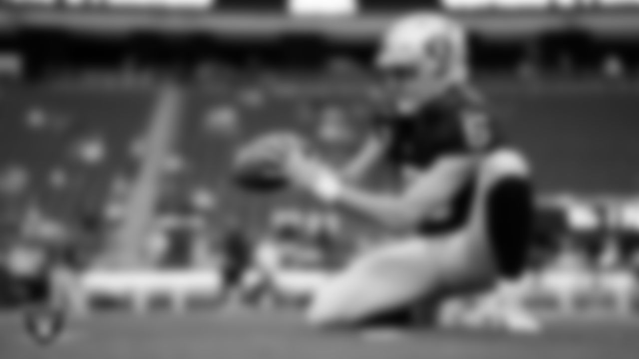 Las Vegas Raiders punter AJ Cole (6) warming up before the regular season home game against the San Francisco 49ers at Allegiant Stadium.