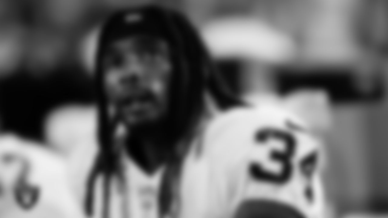 Las Vegas Raiders running back Brandon Bolden (34) on the bench during the regular season away game against the Kansas City Chiefs at GEHA Field at Arrowhead Stadium.