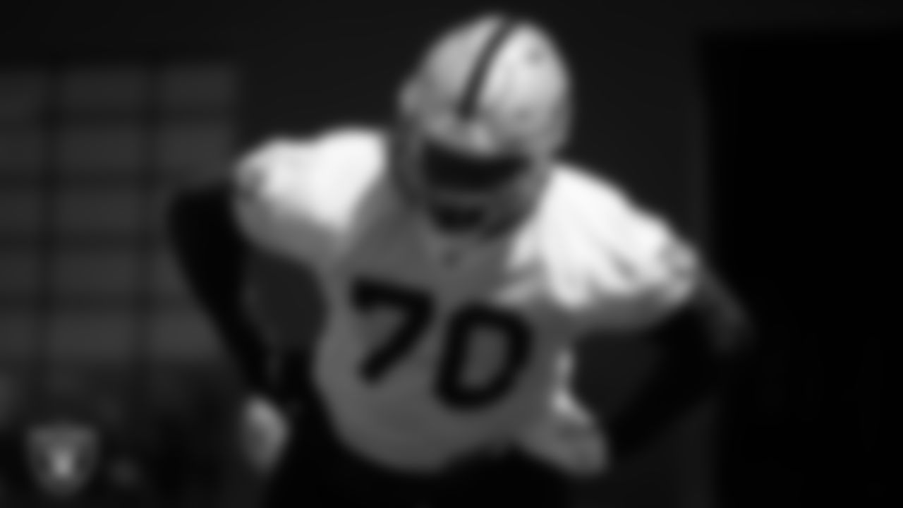 Las Vegas Raiders guard/tackle Alex Leatherwood (70) at an Organized Team Activity (OTA).