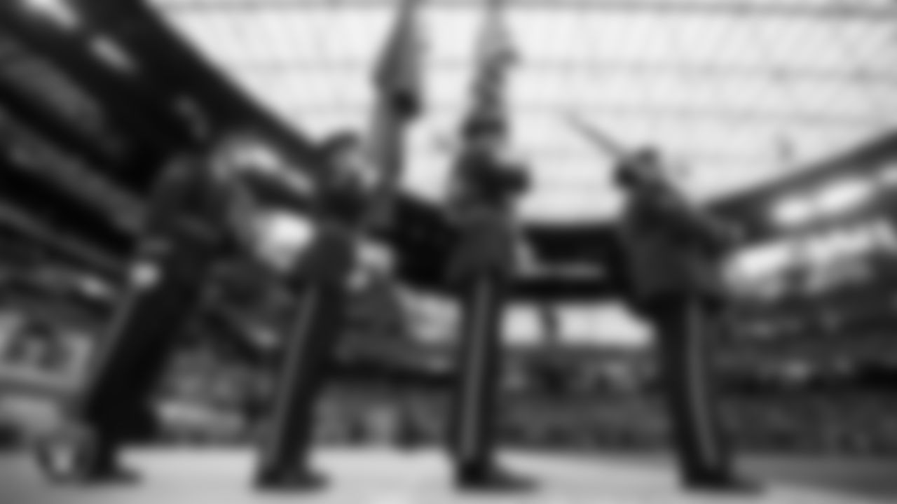 The Nellis Air Force Base Color Guard before presenting the nation's colors before the Las Vegas Raiders regular season home game against the Cincinnati Bengals.