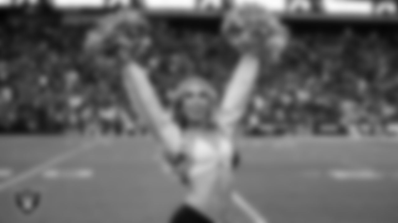Raiderette Lilah on the sidelines during the regular season home game against the Indianapolis Colts at Allegiant Stadium.
