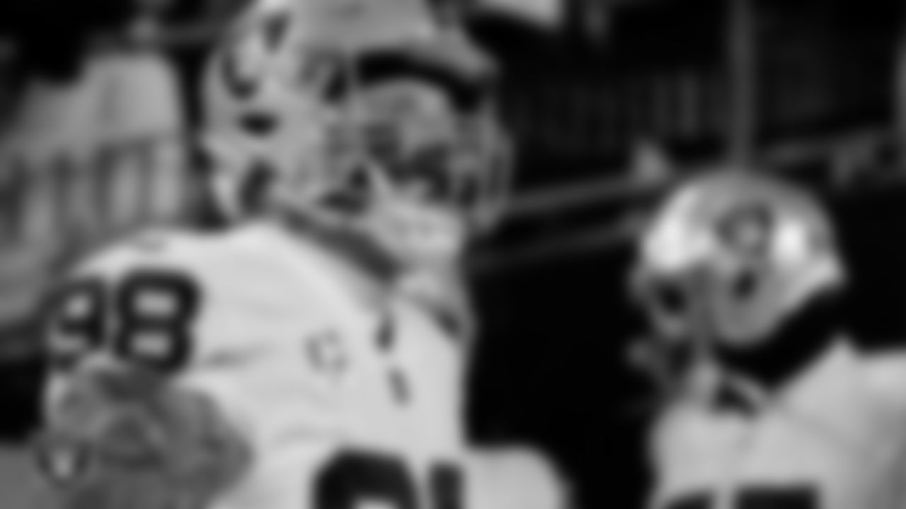 Las Vegas Raiders defensive end Maxx Crosby (98) waits to takes the field before the regular season away game against the Pittsburgh Steelers at Acrisure Stadium.