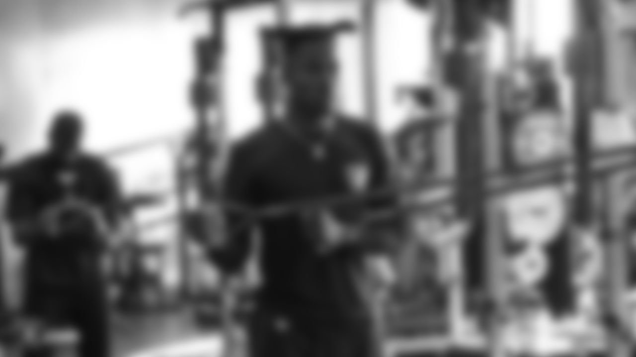 Raiders safety Curtis Riley at a workout during phase one of the offseason program at the Raiders Practice Facility in Alameda, Calif.