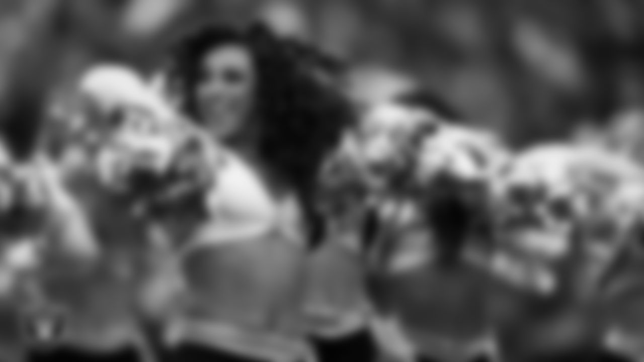 Raiderette Lexie performs on the field during the regular season home game against the Denver Broncos at Allegiant Stadium.