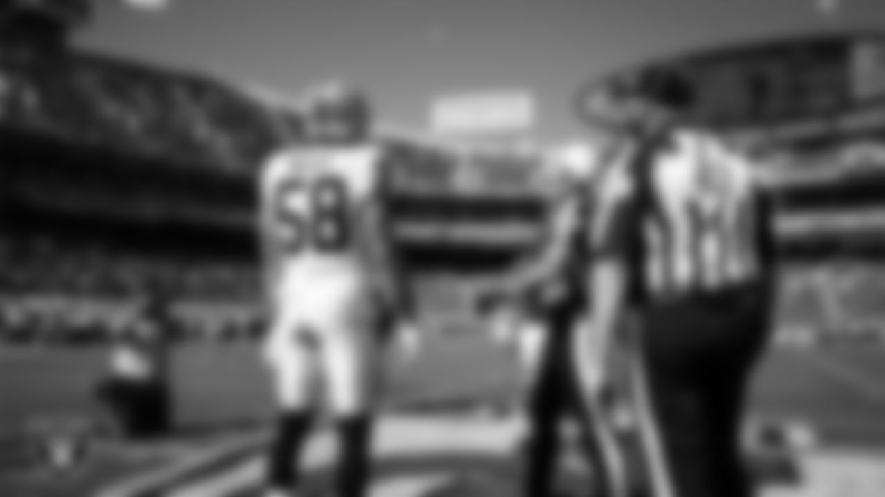 Las Vegas Raiders linebacker Kyle Wilber (58) during the coin toss before the regular season away game against the Kansas City Chiefs.