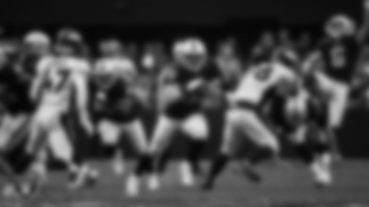 Las Vegas Raiders linebacker Luke Masterson (59) defends on a punt during the regular season home game against the Denver Broncos at Allegiant Stadium.