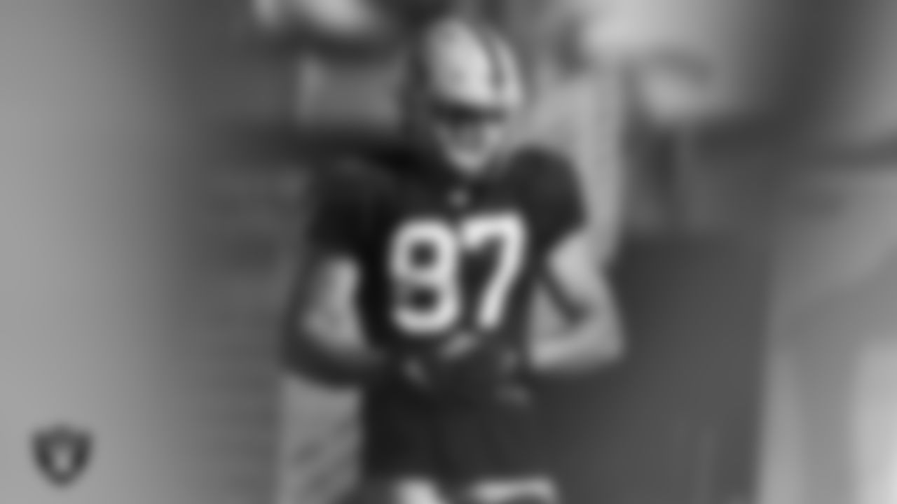 Las Vegas Raiders tight end Foster Moreau (87) during practice at Intermountain Healthcare Performance Center.