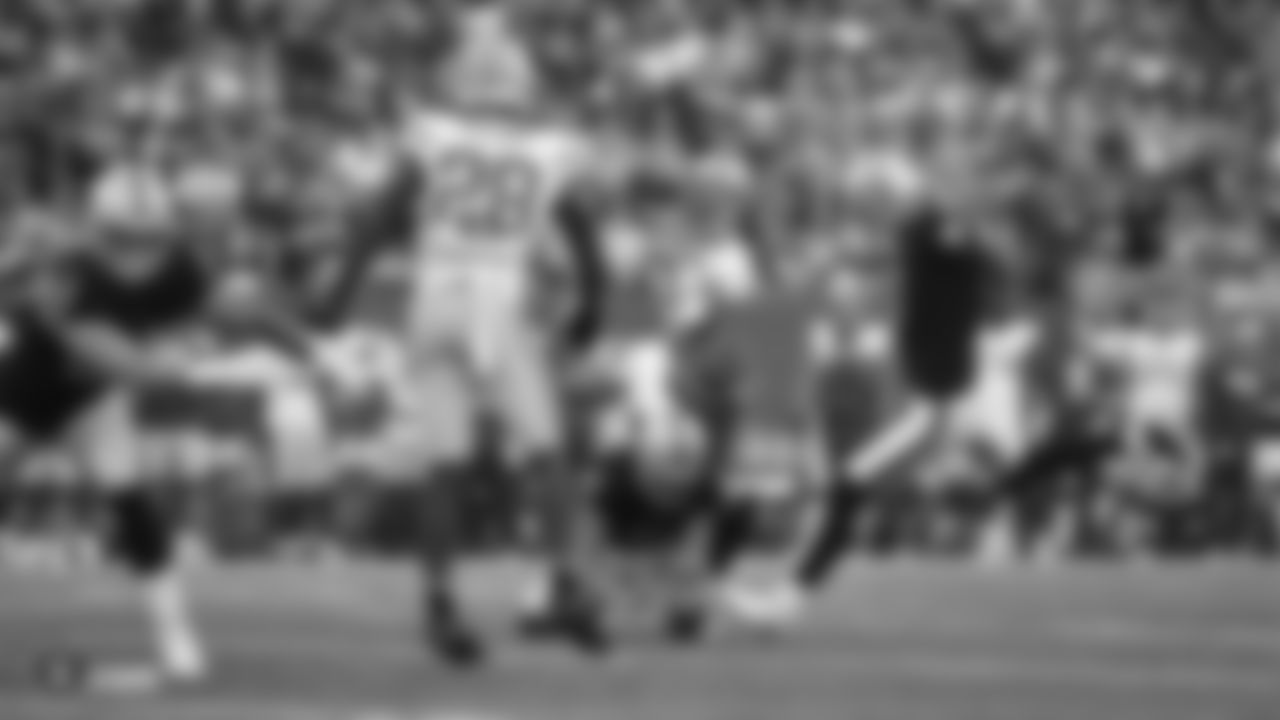 Raiders kicker Daniel Carlson (8) kicks a field goal during the Raiders preseason game against the Green Bay Packers at IG Field.