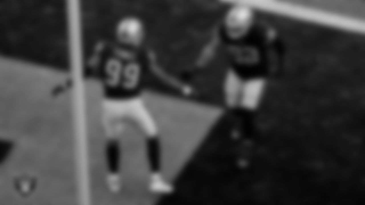 Las Vegas Raiders defensive end Clelin Ferrell (99) and defensive tackle Solomon Thomas (92) during the regular season home game against the Miami Dolphins.