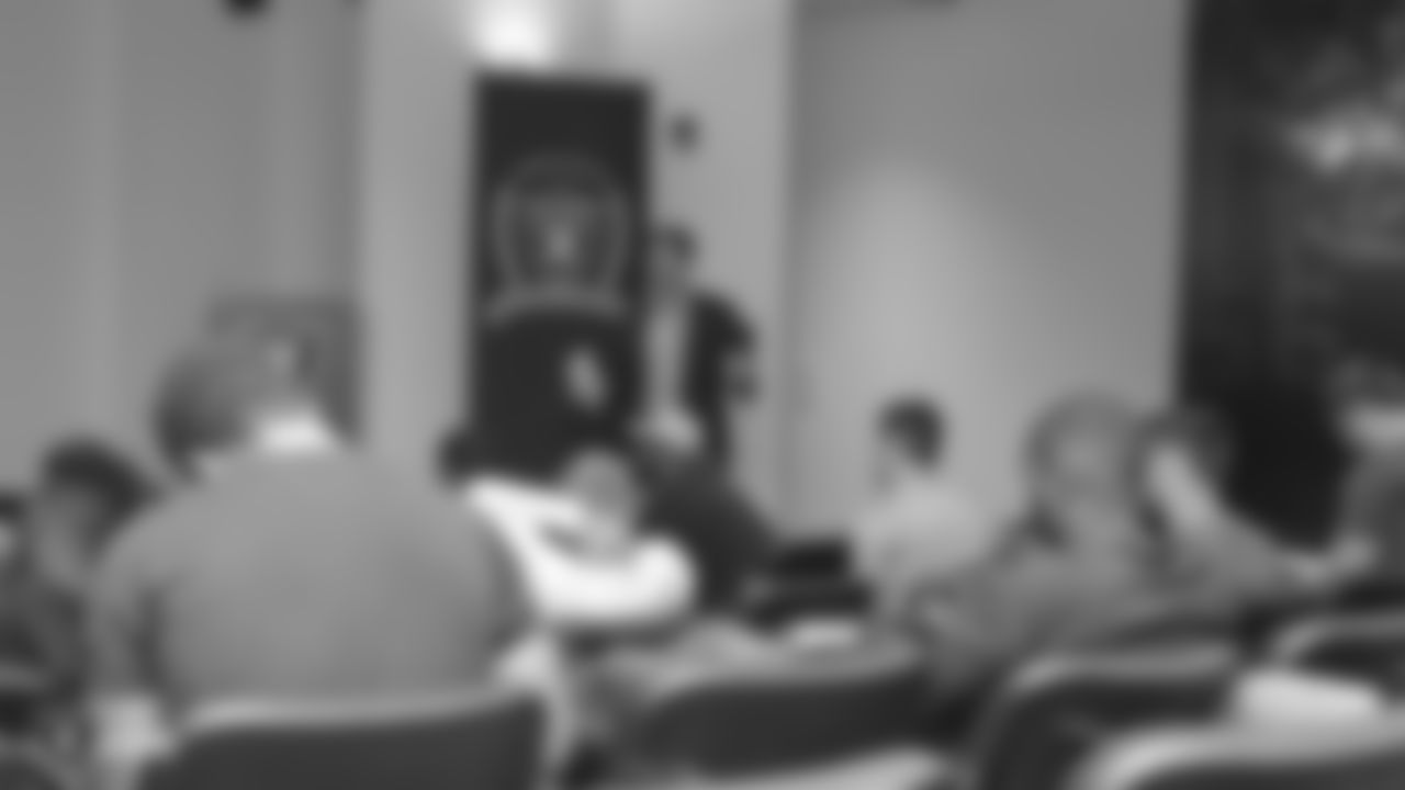 Oakland Raiders rookies listen to speaker Gerry Matalon of Matalon Media, as part of Rookie Academy, at the Oakland Raiders Practice Facility, Wednesday, June 20, 2018, in Alameda, California.