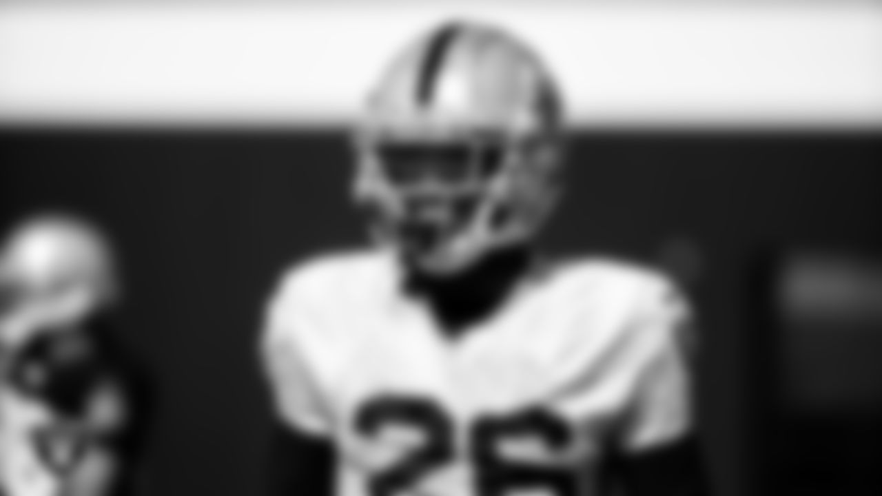 Las Vegas Raiders cornerback Nevin Lawson (26) during practice.