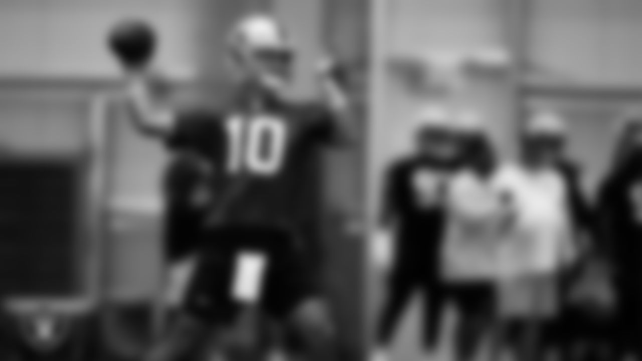 Las Vegas Raiders quarterback Jimmy Garoppolo (10) on the field for practice at 2023 Training Camp at Intermountain Health Performance Center.