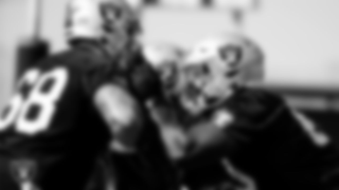 Las Vegas Raiders offensive lineman Andre James (68) and tackle Kamaal Seymour (63) during practice.
