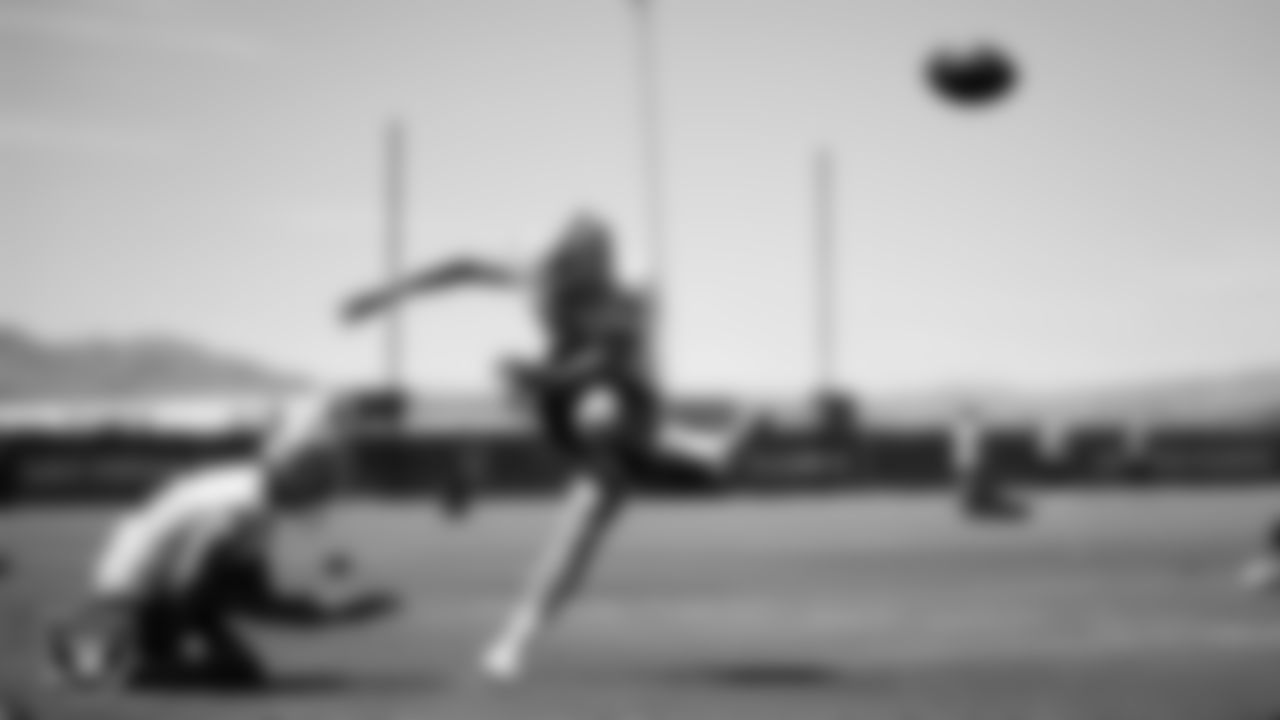 Las Vegas Raiders punter AJ Cole (6) and kicker Daniel Carlson (2) at an Organized Team Activity (OTA).