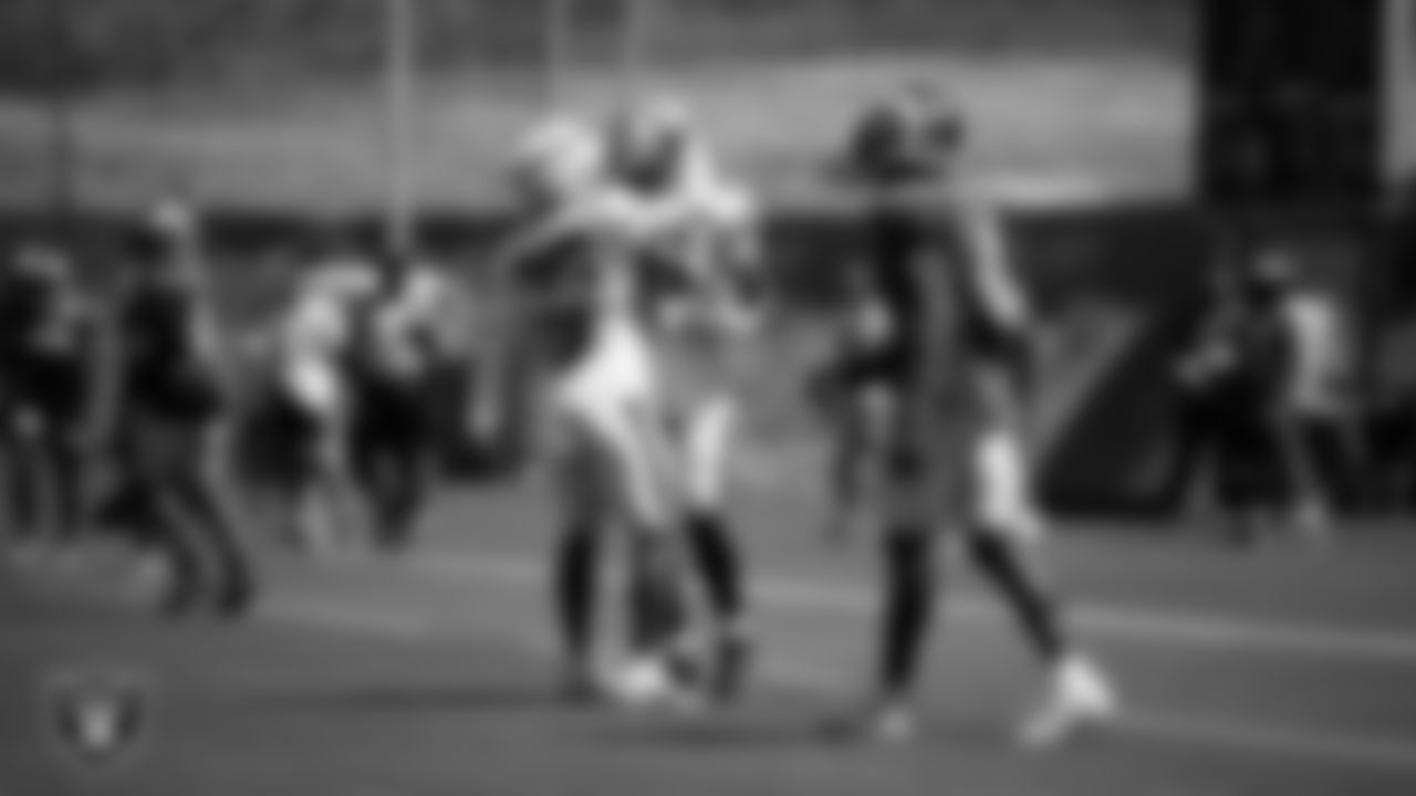 Las Vegas Raiders running back Zamir White (35) and wide receiver Jakobi Meyers (16) on the field for a joint practice with the Los Angeles Rams at 2023 Training Camp at California Lutheran University.
