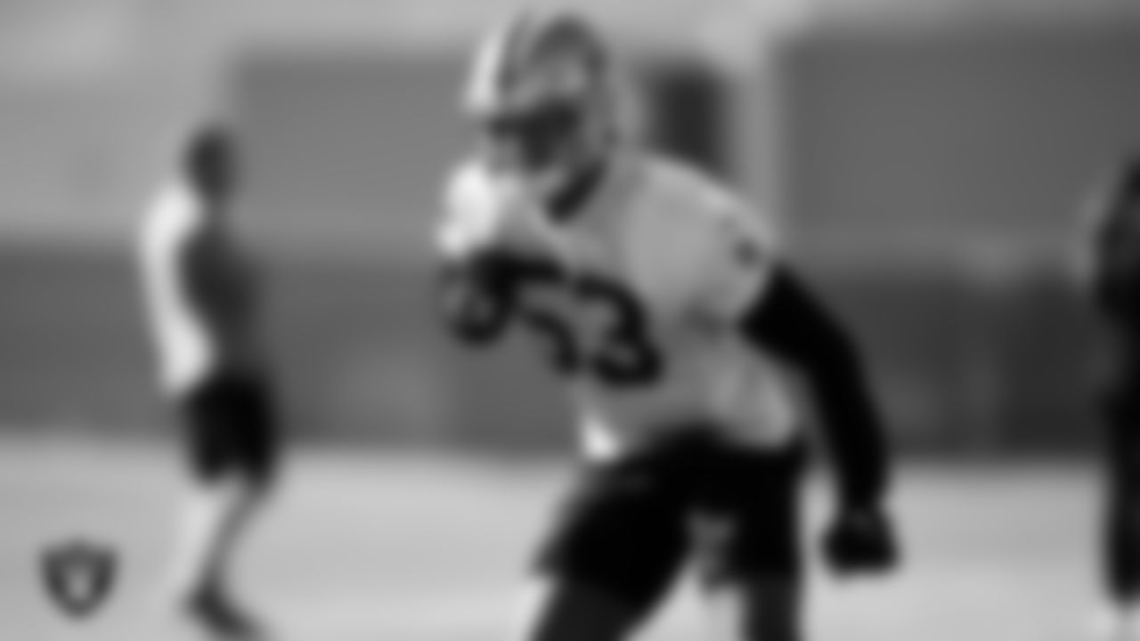 Las Vegas Raiders linebacker Javin White (53) during practice at Intermountain Healthcare Performance Center.