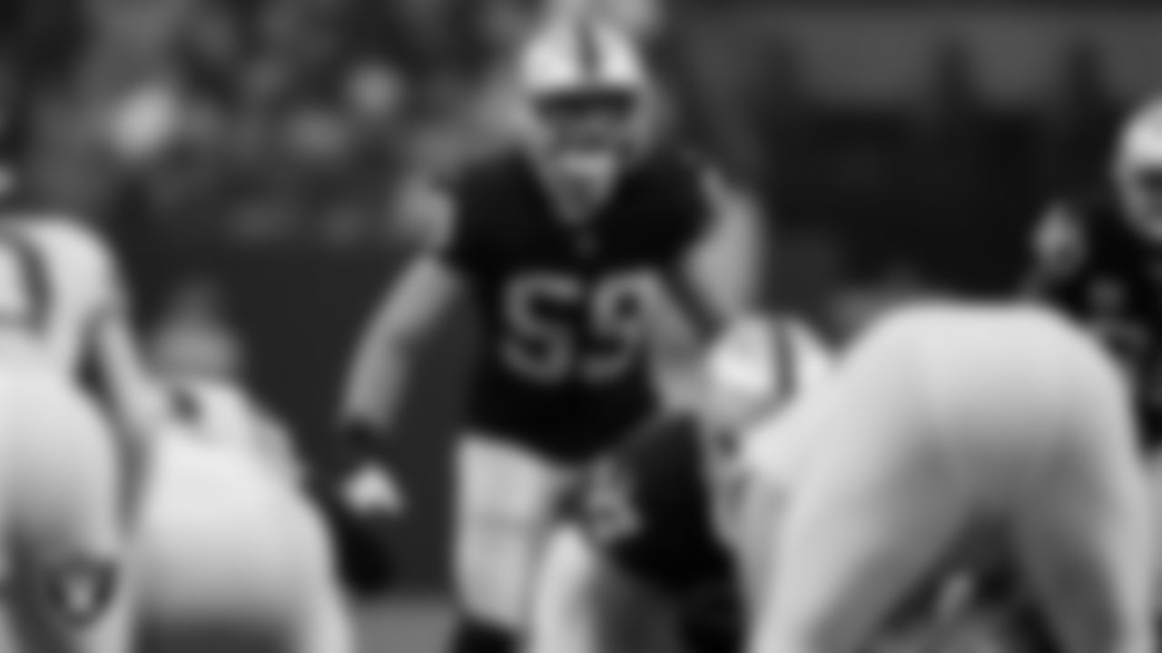 Las Vegas Raiders linebacker Luke Masterson (59) during the regular season home game against the Kansas City Chiefs at Allegiant Stadium.