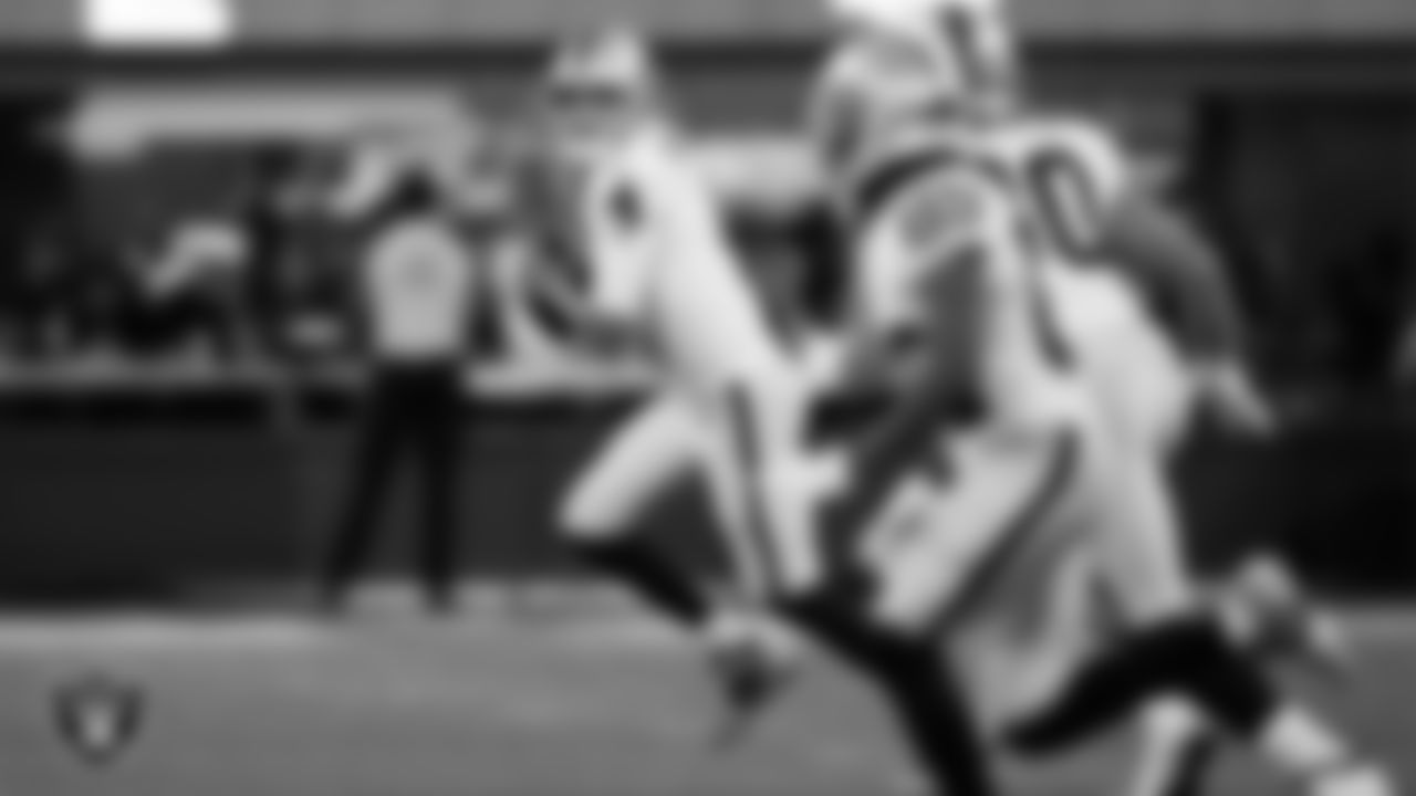 Las Vegas Raiders quarterback Aidan O'Connell (4) looks for a receiver during the preseason away game against the Los Angeles Rams at Sofi Stadium.