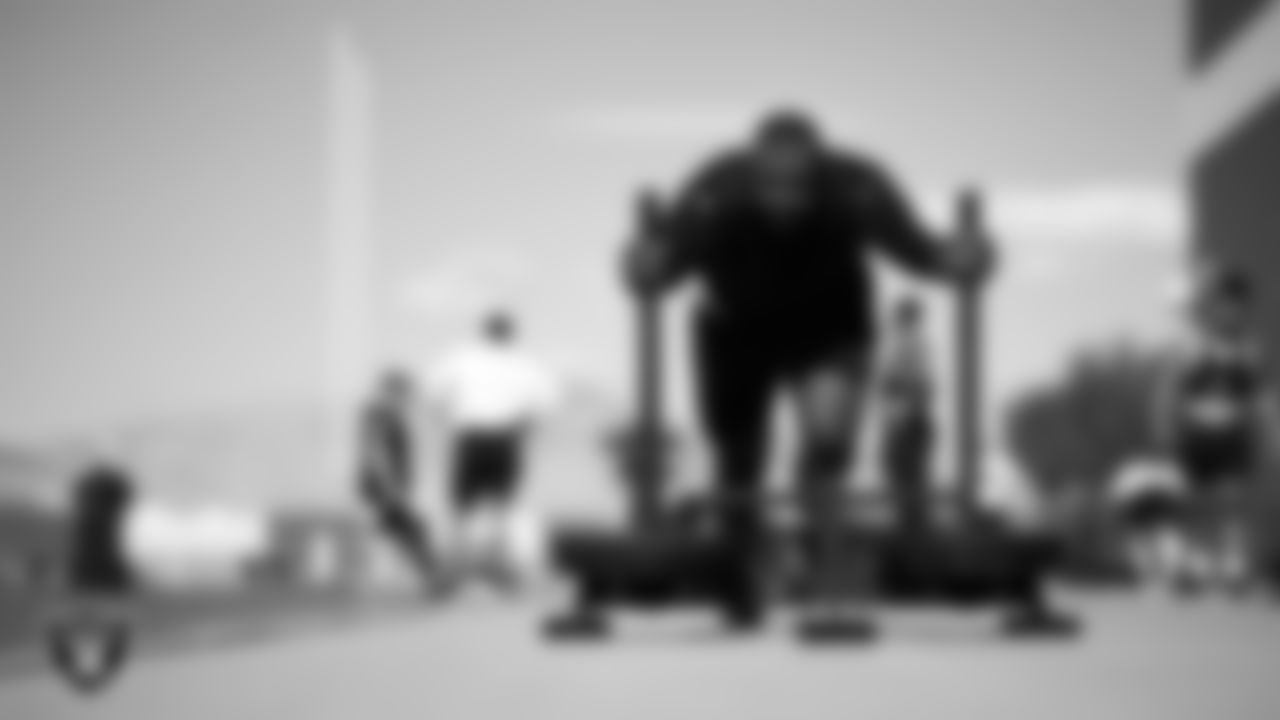 Las Vegas Raiders tackle Brandon Parker (75) at a workout during phase two of the offseason program at Intermountain Health Performance Center.