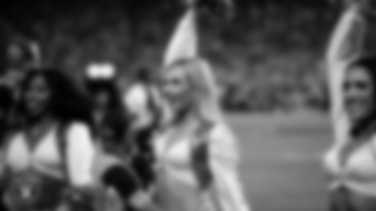 Raiderette Madison on the sidelines during the regular season home game against the Green Bay Packers at Allegiant Stadium.