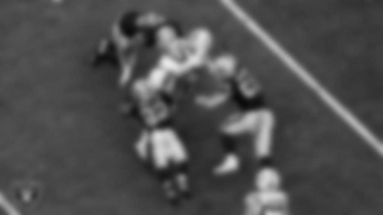 Las Vegas Raiders fullback Jakob Johnson (45), running back Ameer Abdullah (22) and linebacker Luke Masterson (59) during the regular season home game against the Indianapolis Colts at Allegiant Stadium.