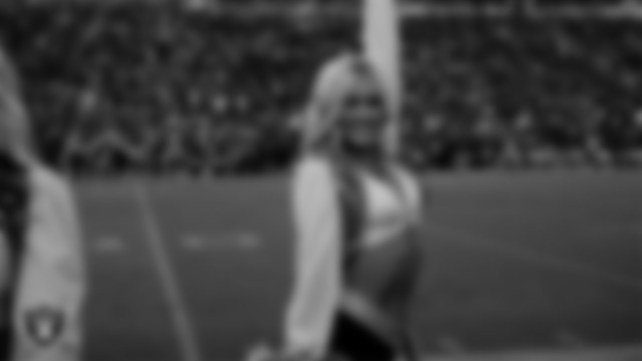 Raiderette Kennedy on the sidelines during the regular season home game against the Green Bay Packers at Allegiant Stadium.