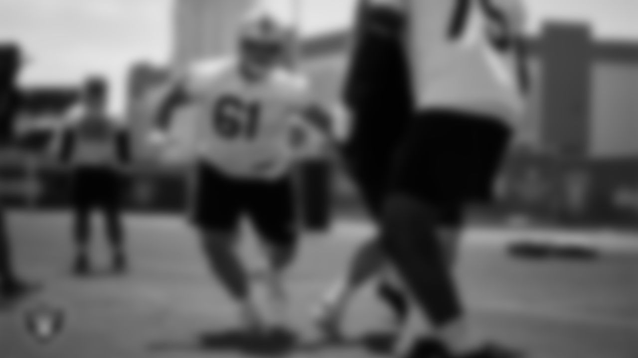 Las Vegas Raiders offensive lineman Jordan Meredith (61) at an Organized Team Activity (OTA) at Intermountain Health Performance Center.