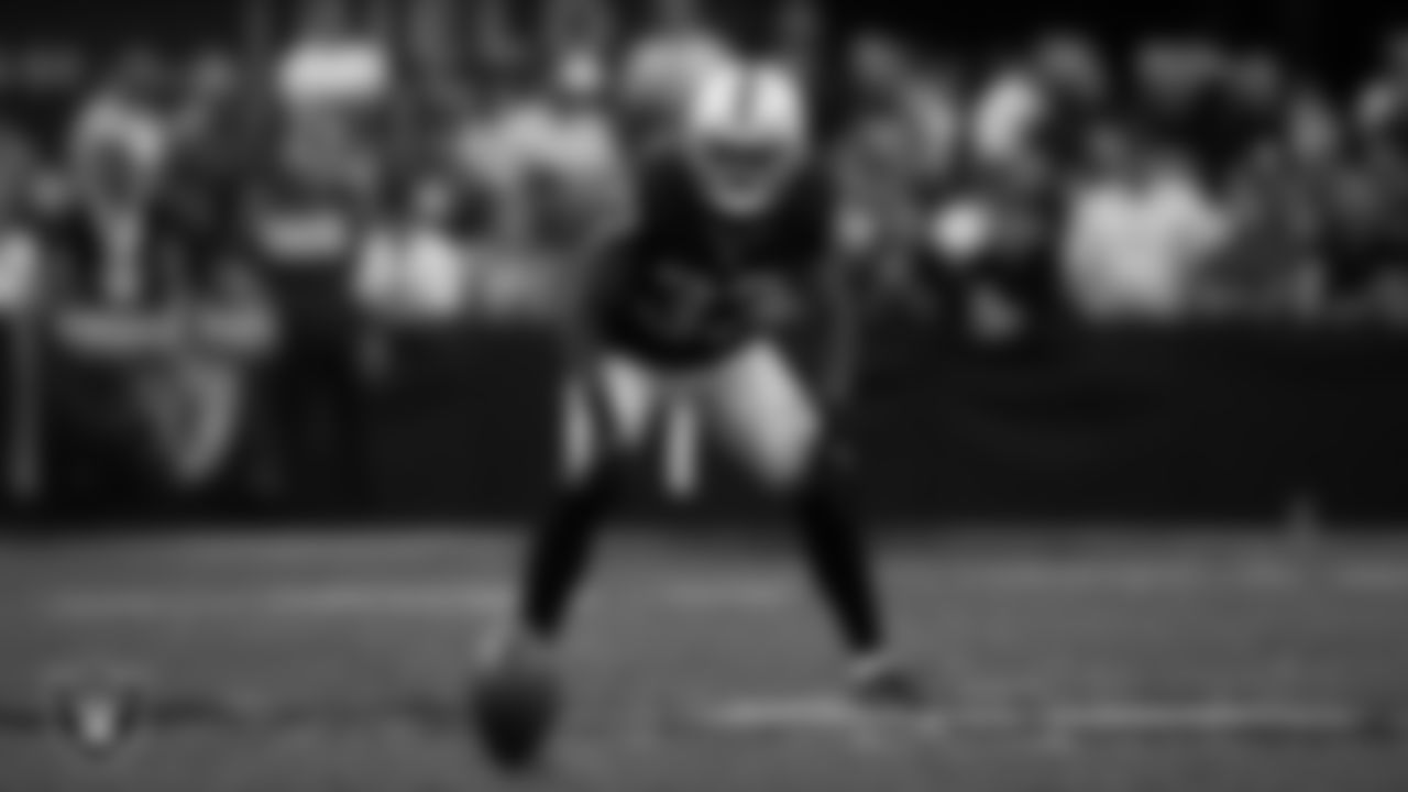 Las Vegas Raiders safety Roderic Teamer (33) lines up before the kickoff during the regular season home game against the Denver Broncos at Allegiant Stadium.