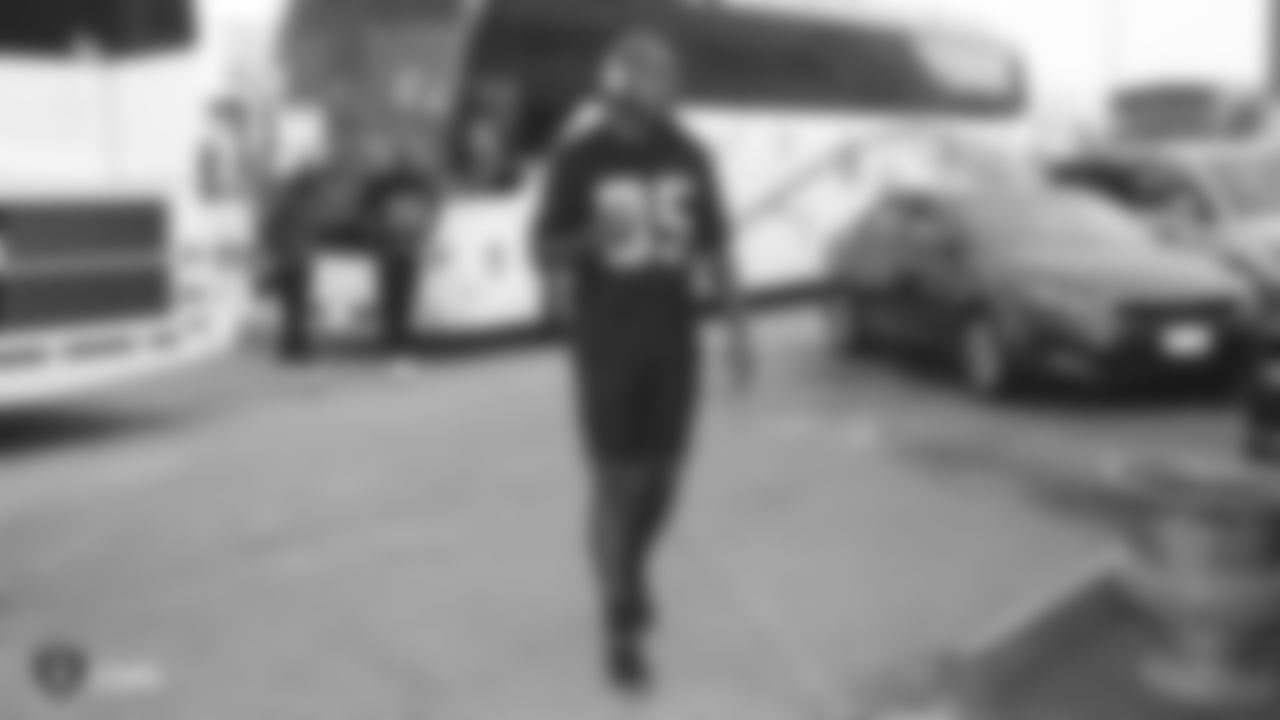 Oakland Raiders defensive end Fadol Brown (95) arrives to the field for a walk through at Bladium Sports & Fitness, Friday, November 16, 2018, in Alameda, California.