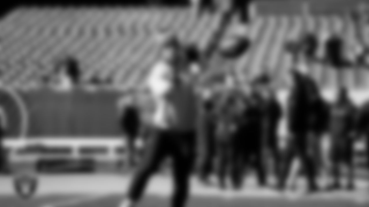 Las Vegas Raiders safety Marcus Epps (1) warming up before the regular season away game against the Chicago Bears at Soldier Field.